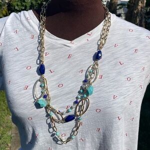 Gold Link Necklace, 30” With Turquoise Blue Beads, Mixed Media, Modern, colorful